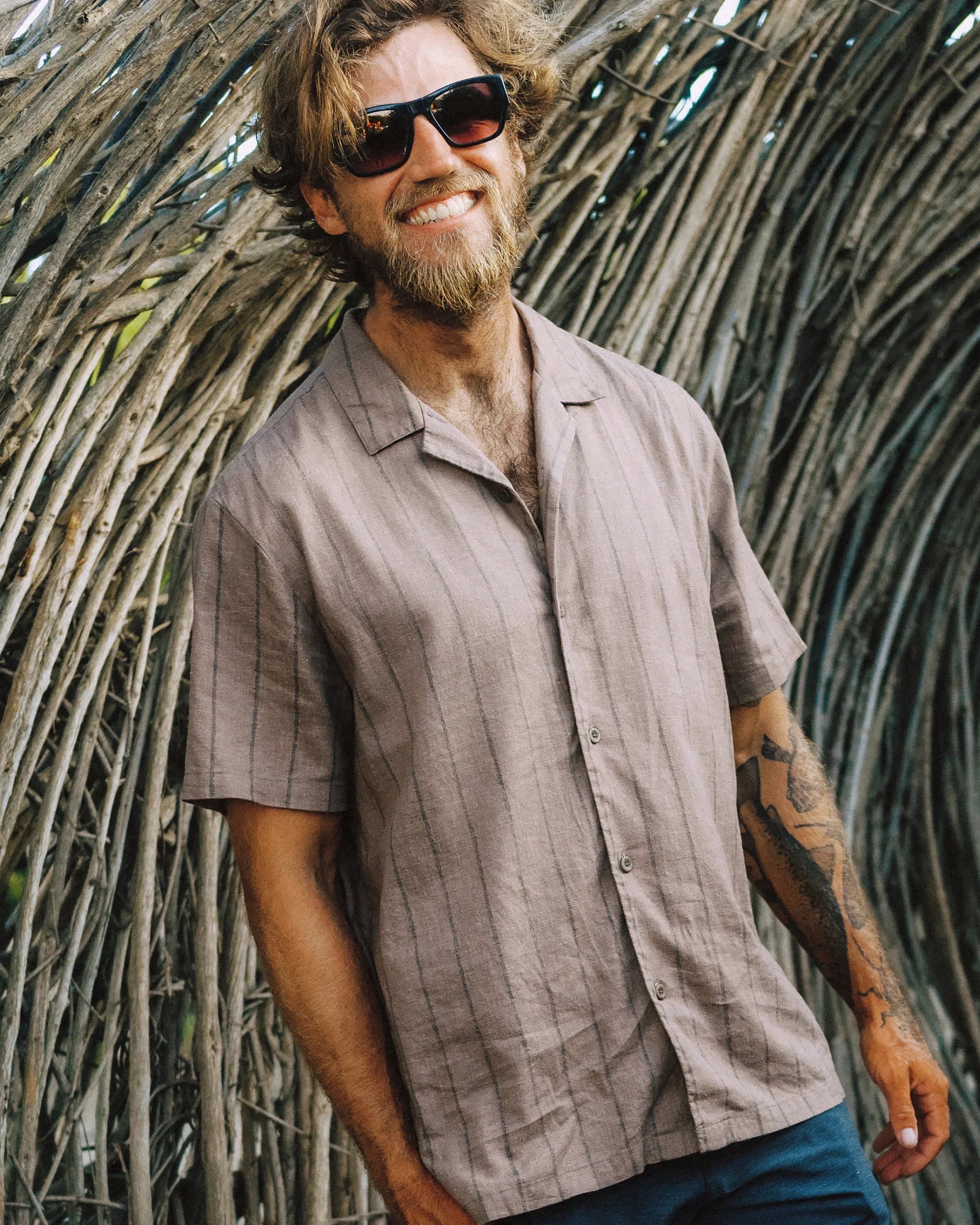 Men's Sullivan's Camp Shirt - Dash Vertical Stripe Fossil